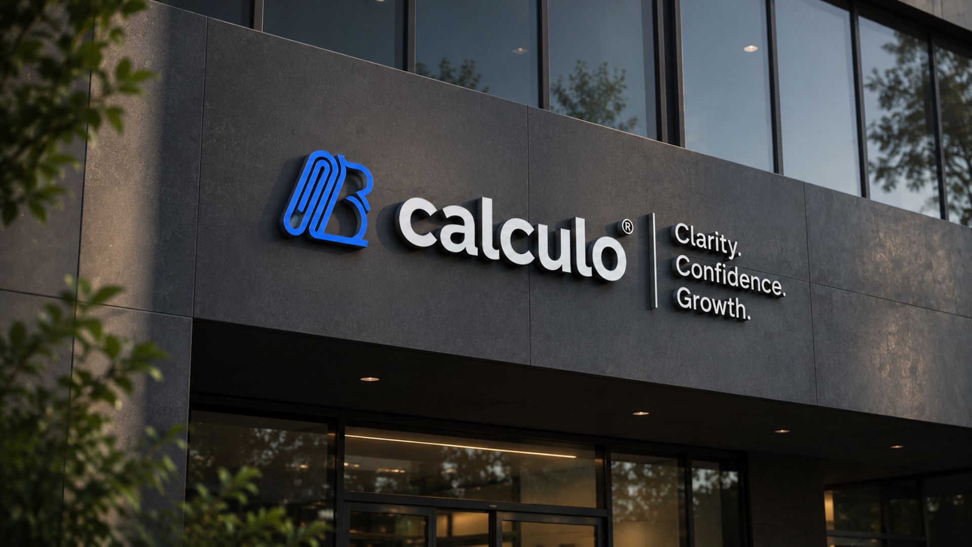 Calculo logo and brand words on the building exterior signage