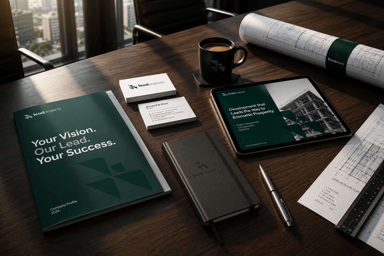 The Lead Projects brand system laid out on a desk: green company profile, business cards, branded notebook, mug, tablet and drawings