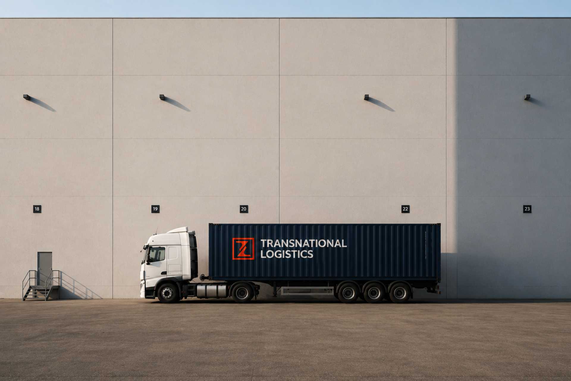 A Transnational Logistics truck with a branded navy container parked against a large warehouse wall